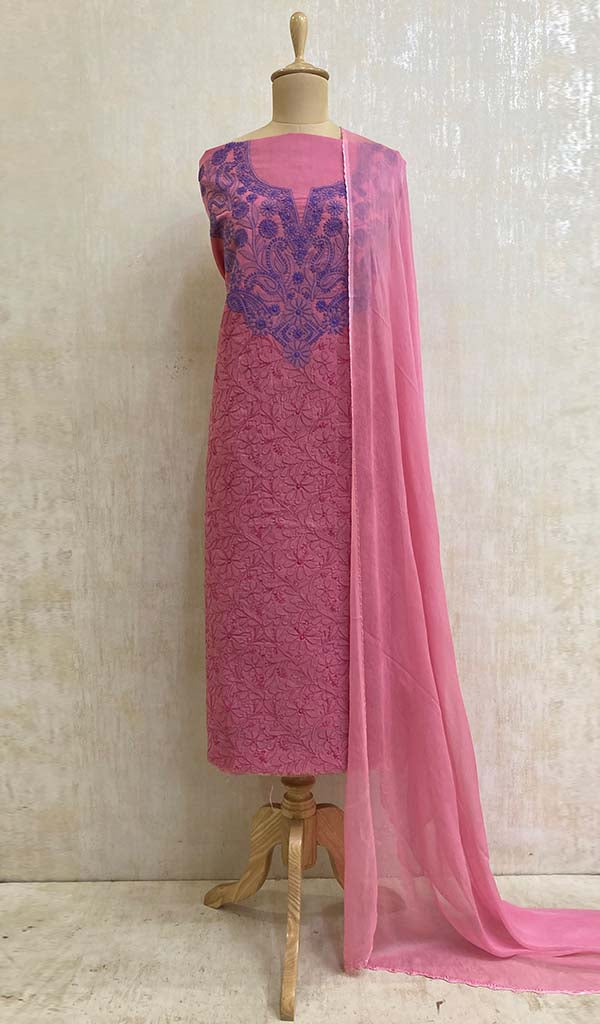 Buy KAAJH Red Cotton Lucknow Chikankari Suit (set Of 3) online